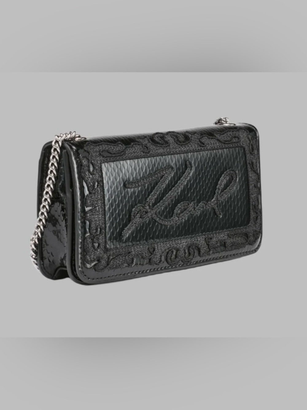 Karl Lagerfeld NWT Black Embossed Leather Crossbody Bag with Chain Strap